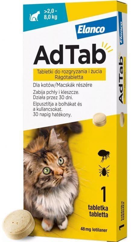AdTab 48 mg, chewable tablet against fleas and ticks for cats, weighing >2.0–8.0 kg - UKDorf