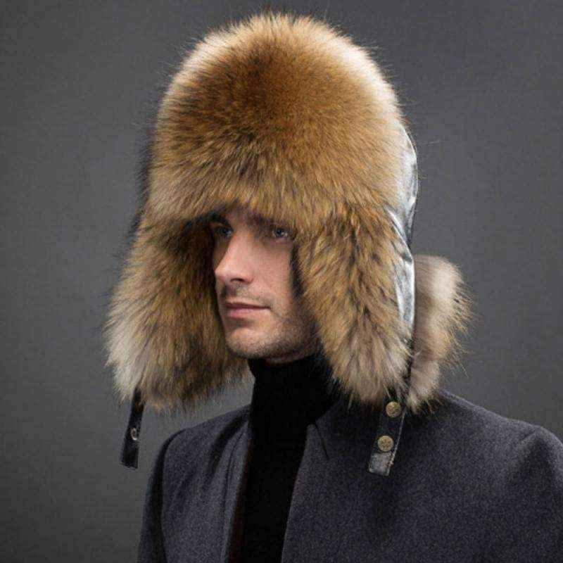 Mens winter hats -Winter Men Real Silver Fox with Leather UK