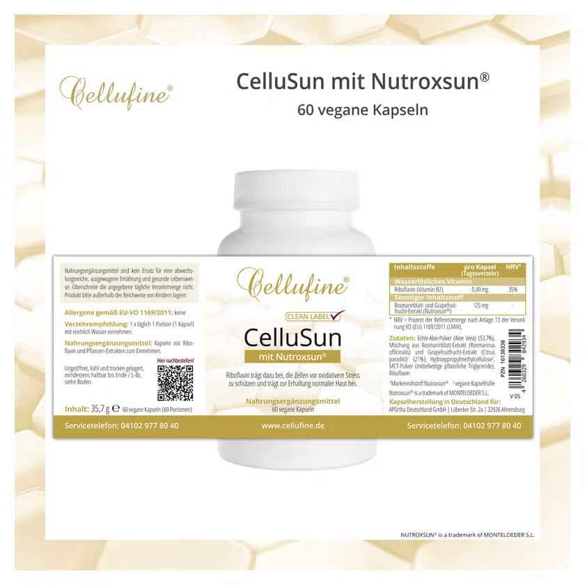 Riboflavin (vitamin B2), Rosemary leaf and grapefruit, CelluSun with NutroxSun capsules