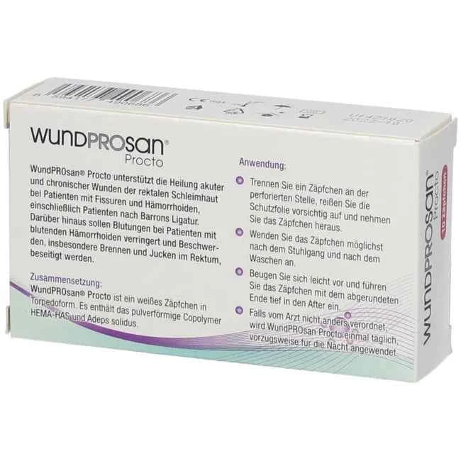 Treatment of hemorrhoids, anal fissures, wounds in the anal-rectal area, WUNDPROSAN Procto Suppositories