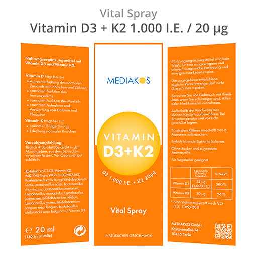 VITAMIN D3+K2 1000 IU 20 µg Mediakos Vital Spray