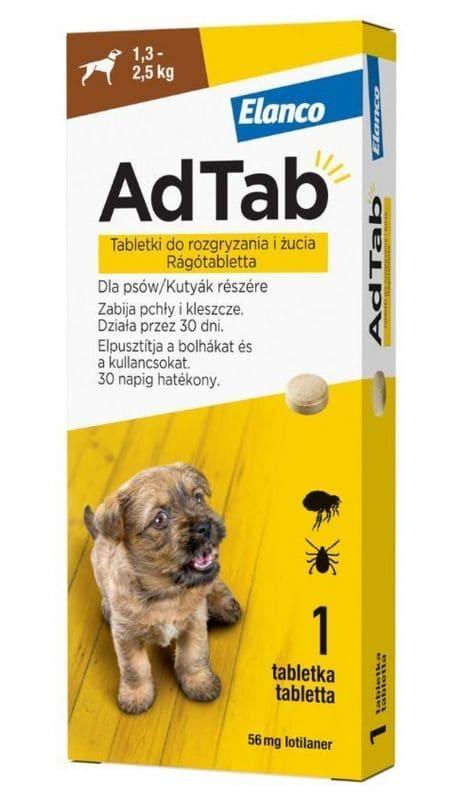 AdTab 56 mg, chewable tablet against fleas and ticks for dogs, weighing 1.3 - 2.5 kg - UKDorf 