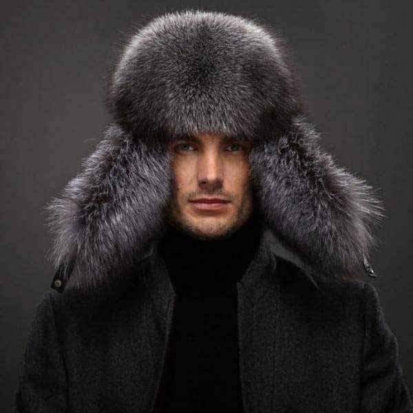 Mens winter hats -Winter Men Real Silver Fox with Leather UK