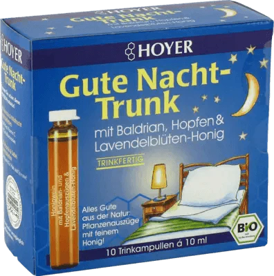 Valerian, hops, lavender blossom honey, HOYER Good Night Trunk drinking ampoules - UKDorf 
